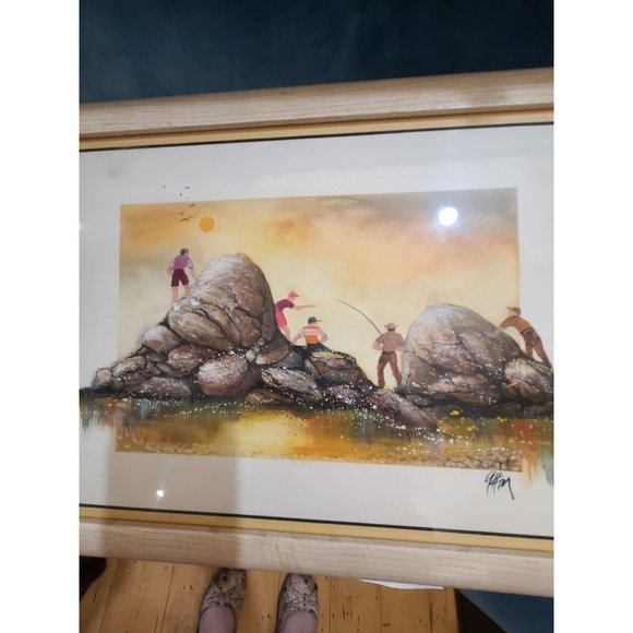 Signed Watercolor Framed Fishing Scene - Picture 11 of 12